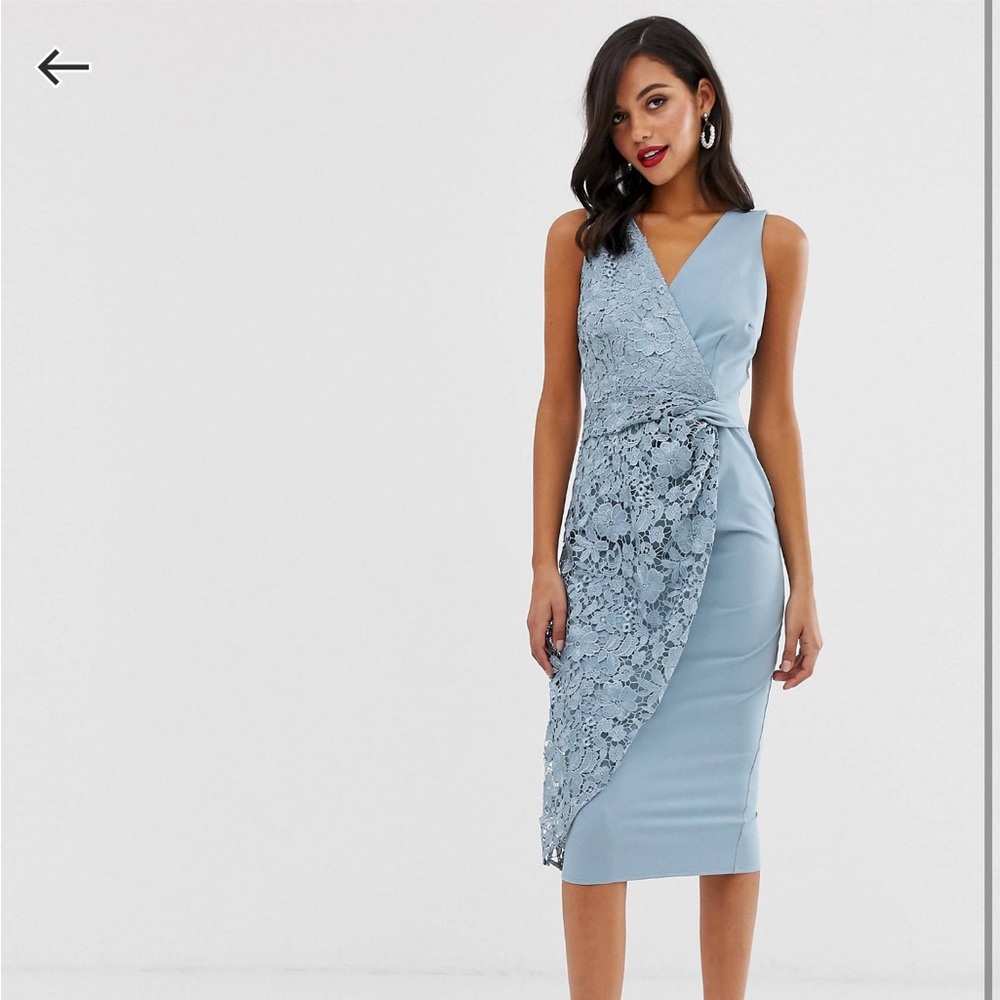 Little Mistress pencil dress with lace overlay in baby blue